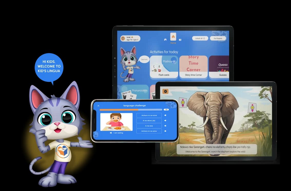 The cat mascot next to a tablet and phone showing a live video lesson with a teacher