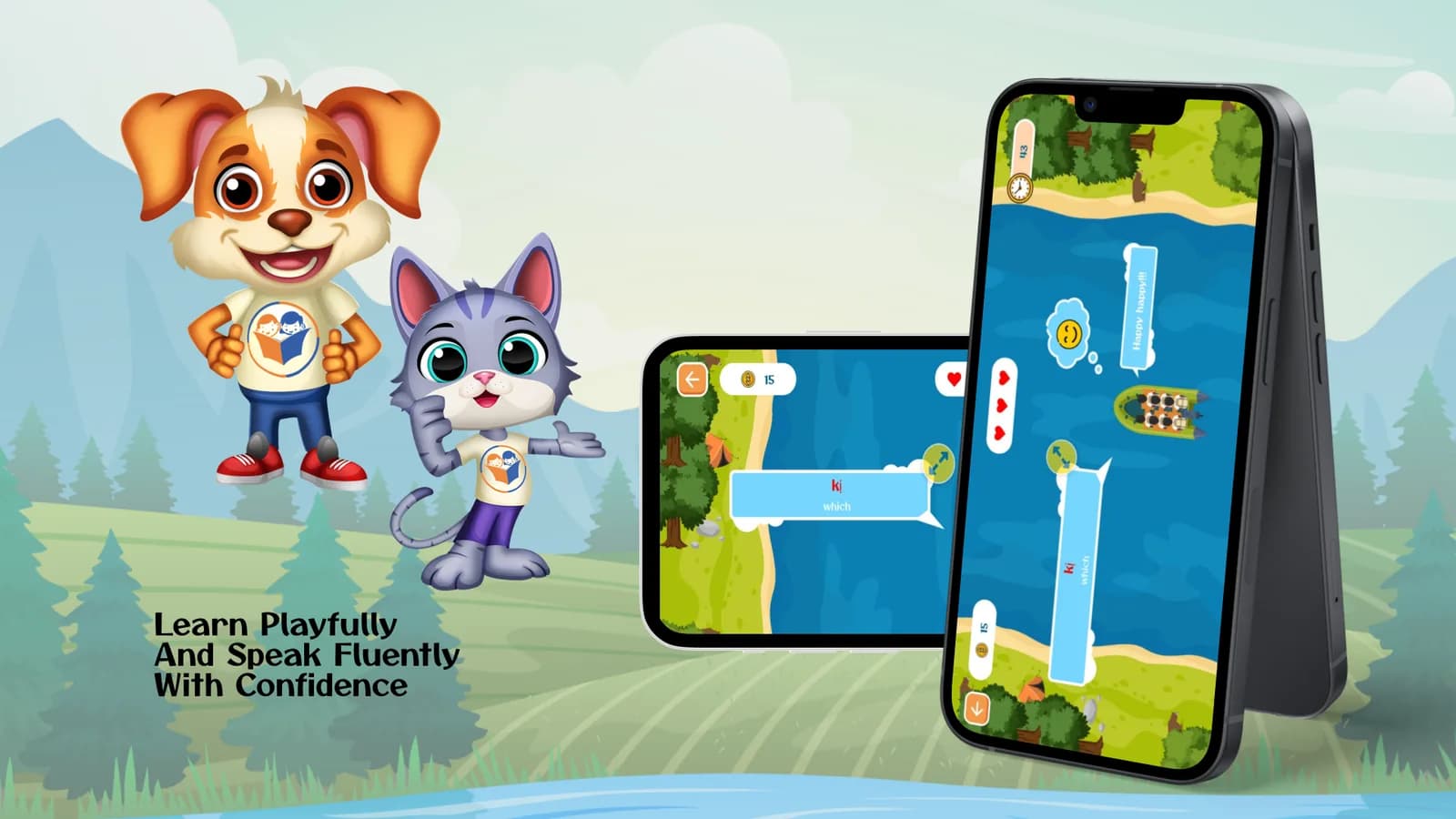 A game level on a phone, with the dog and cat mascots cheering