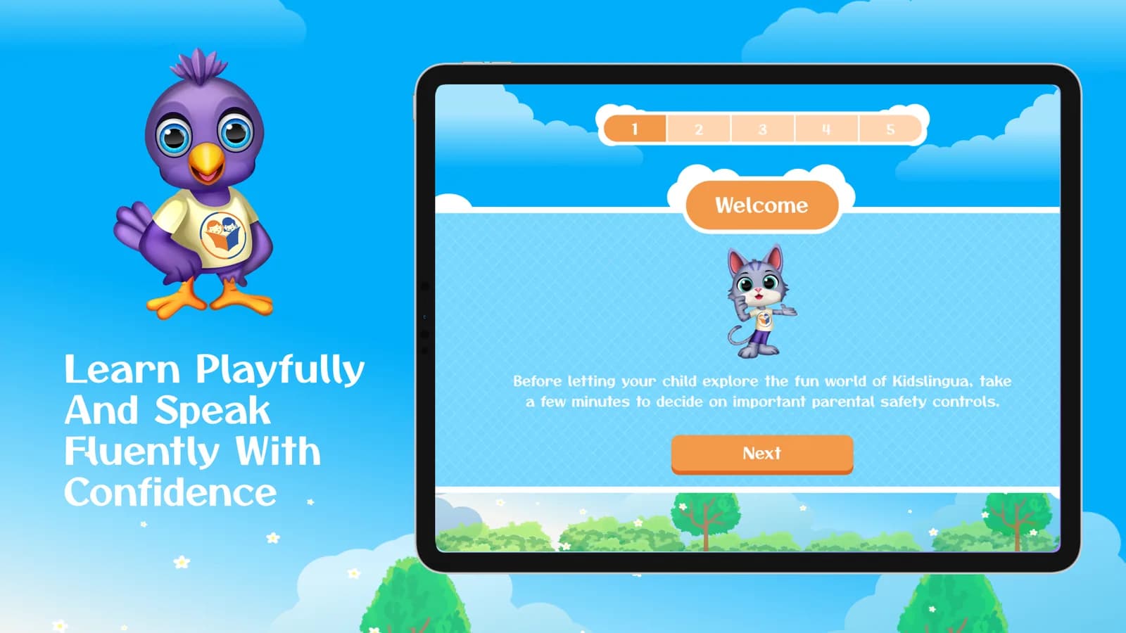 Welcome screen with the purple bird mascot
