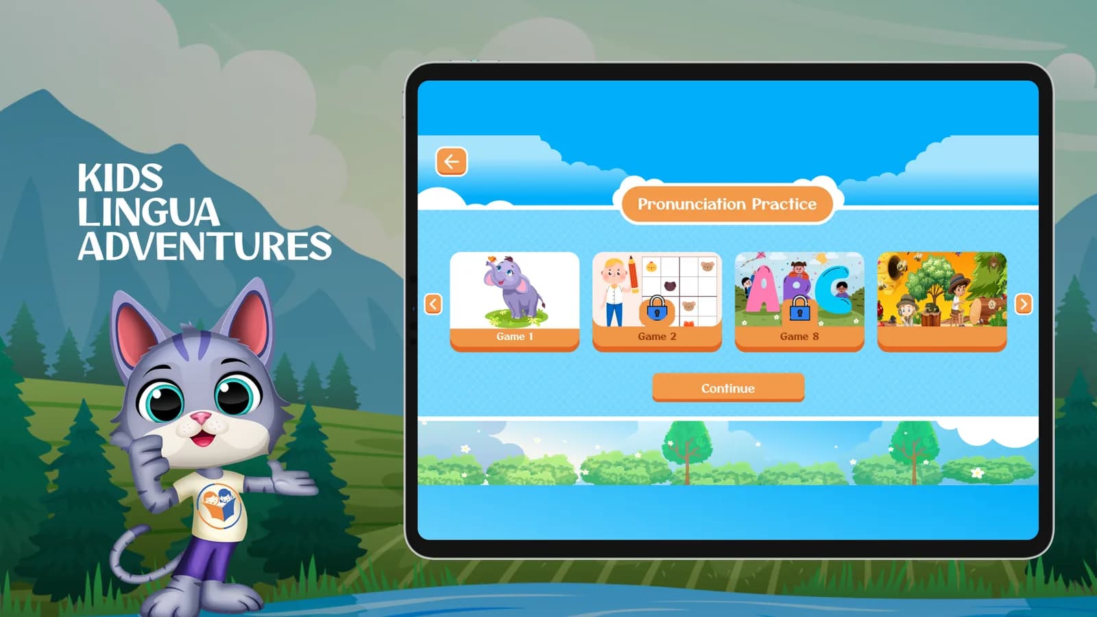 KidsLingua pronunciation practice screen showing picture cards of animals and objects to say aloud